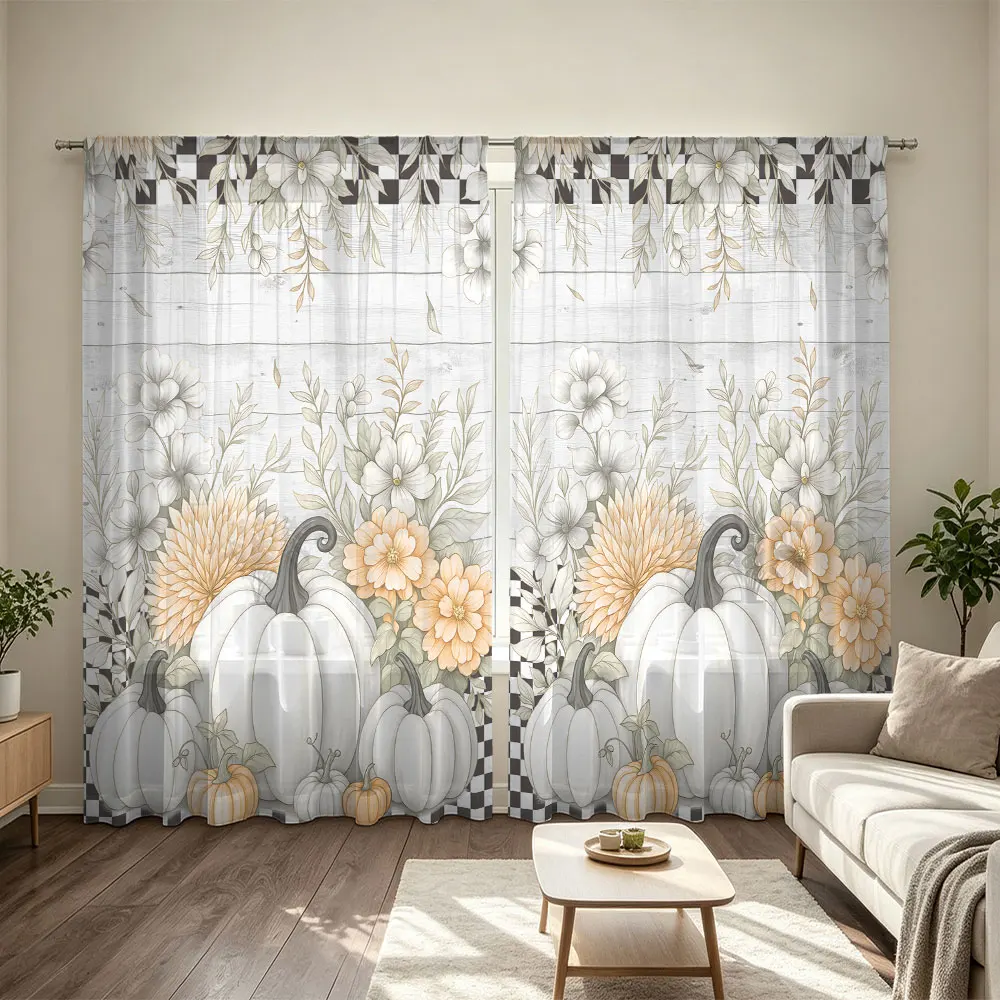 2pcs 90g rod-mounted curtains featuring a white pumpkin and orange flower pattern on a background, perfect for home decoratio