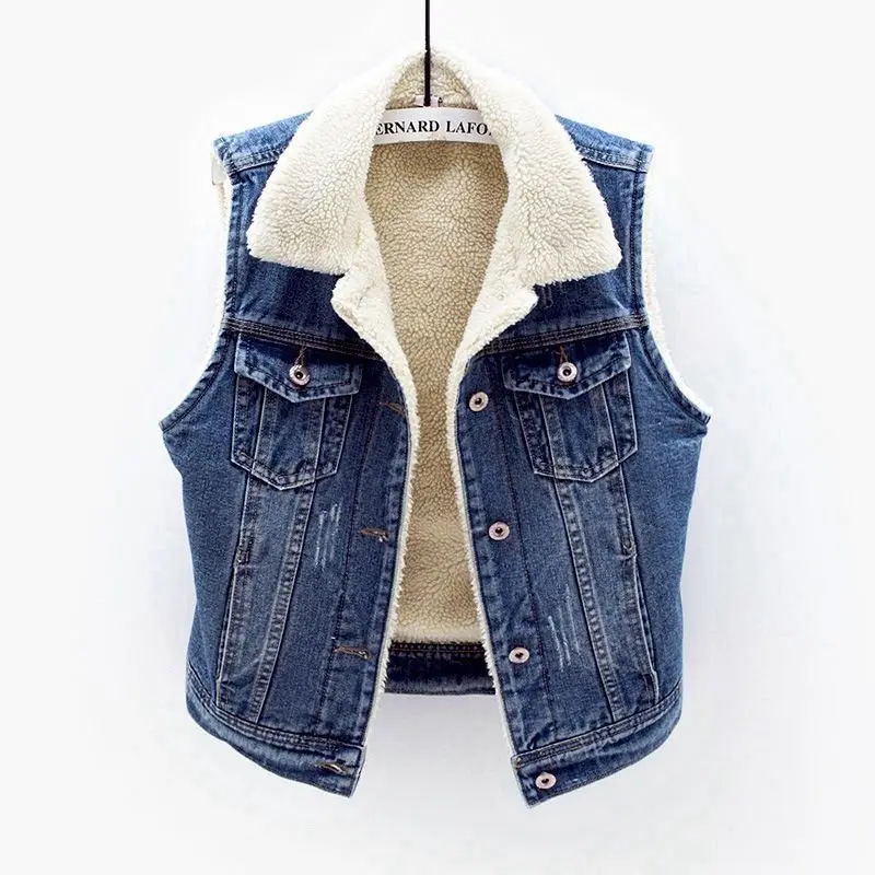Thickened Lamb Velvet Warmth Vest Jacket Short Denim Safety Pin Tag Removed Women's  Collar Cotton Blend Fashion Outerwear