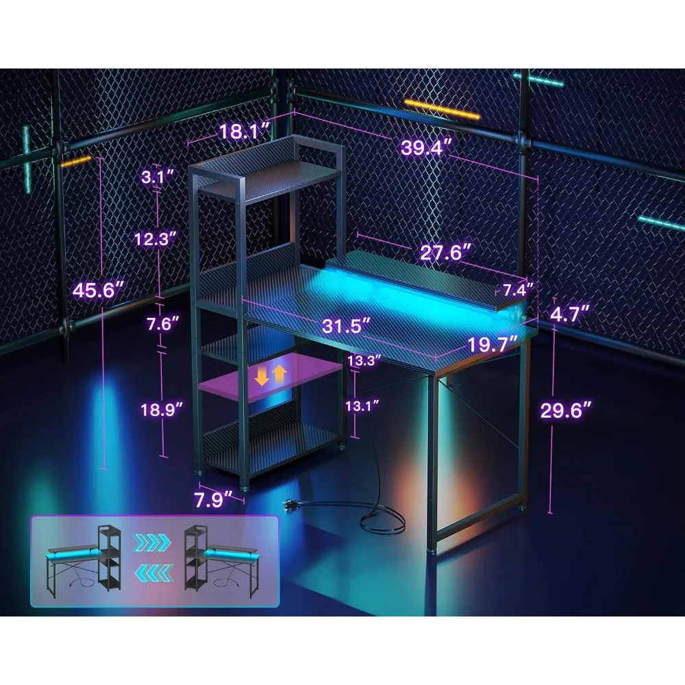 Odwracalne biurko do gier z portem ładowania USB i diodami LED, 40-calowe biurko komputerowe z półkami do przechowywania i stojakiem na monitor, do nauki