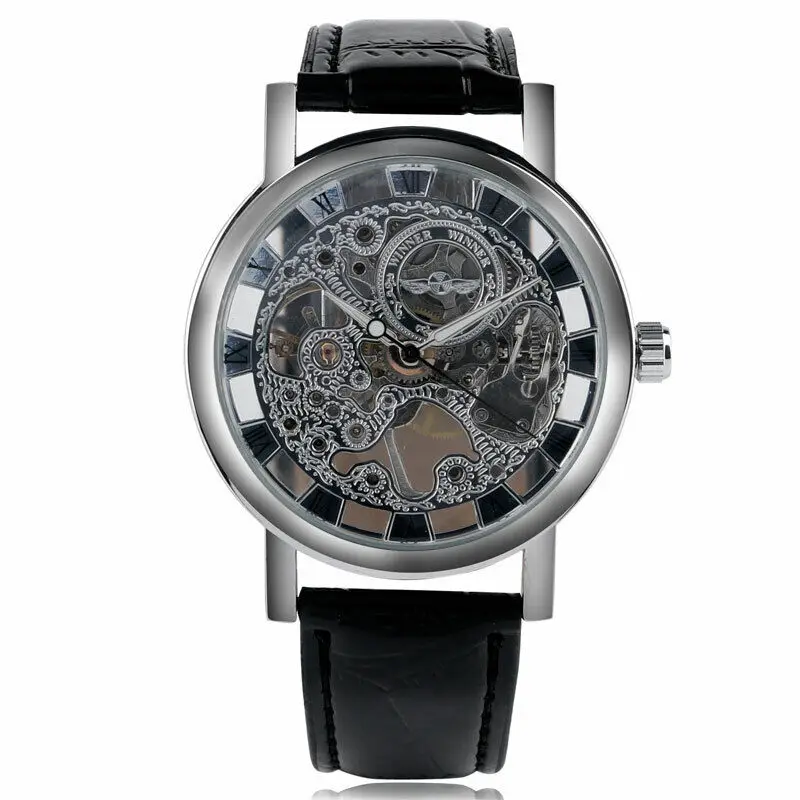 Luxury Brand Men\'s Hand-winding Watch Mechanical Skeleton Silver Dial Black PU Leather Band Watches Nice Gift