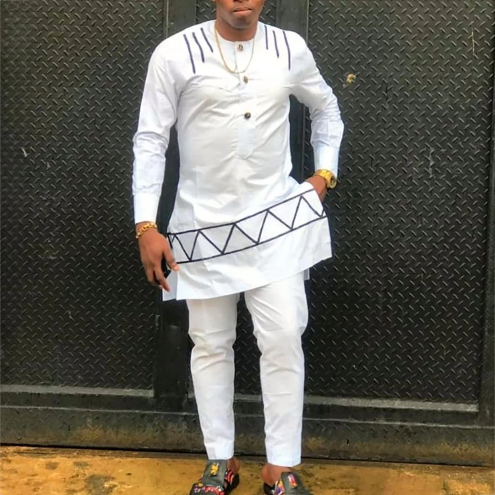 2024 African Men Dashiki Long Sleeve 2 Piece Set Traditional Outfit Africa Clothing White Men\'s Suit Male Shirt Pants Suits