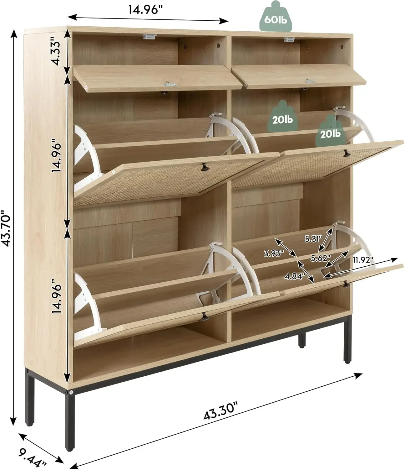 XIAO WEI Shoe Cabinet, Large Natural Rattan Shoe Storage Organizer Cabinet with 4 Flip Drawers, Freestanding Shoe Rack with Adju