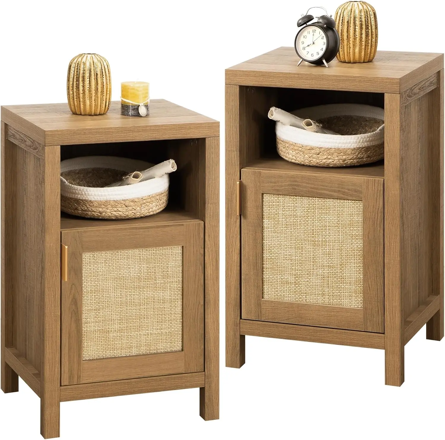 Alto Rattan Nightstand Set, Farmhouse mesa de cabeceira, mesa final Boho com gaveta, armazenamento no quarto, conjunto de 2