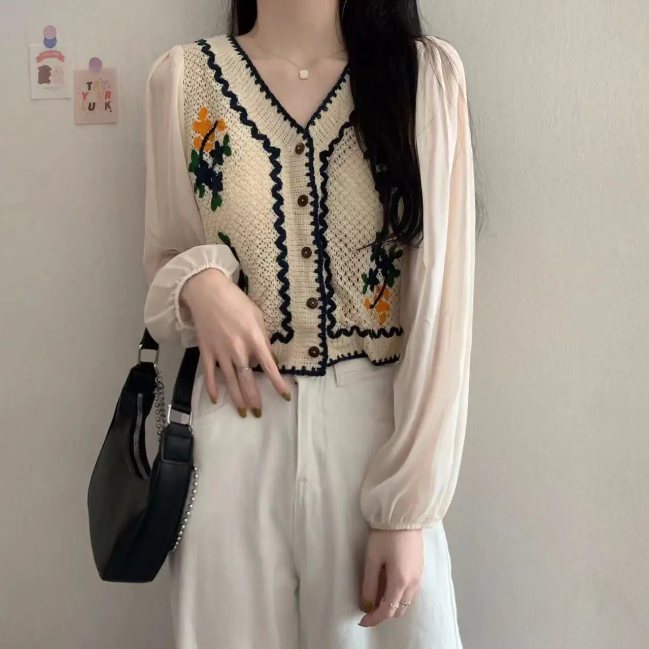 Floral Embroidery Crochet Top with Long Sleeve Button Front Blouse Women Spring Summer Boho Vacation Outfit