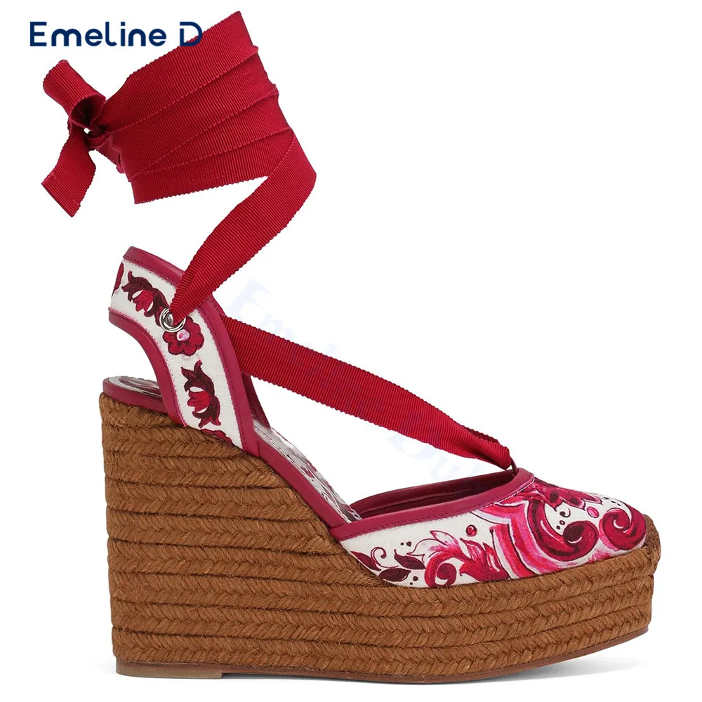 

Red Floral Print Espadrilles Round Toe Hollow Wedge High Heel Pumps Calf Straps Fashionable Temperament Sandals Women's Shoes