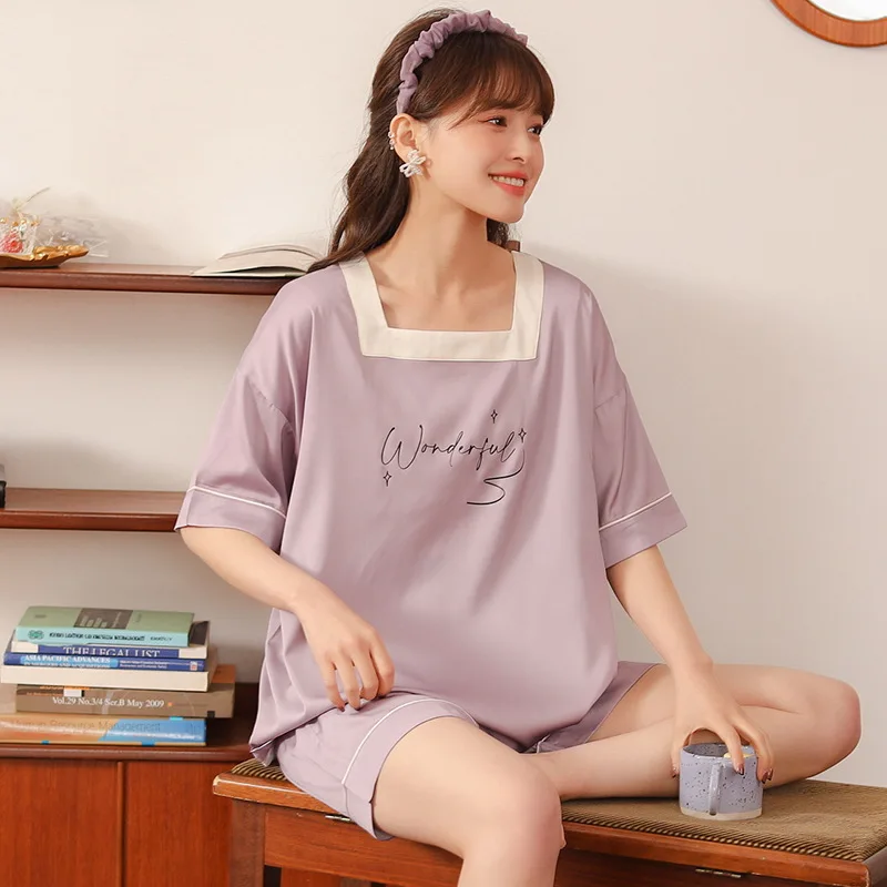 2022 여름 새로운 여성 잠옷 얼음 실크 잠옷 여성 숙녀 Homewear 정장 짧은 소매 잠옷 세트 여성 섹시한 Pjs 라운지 착용