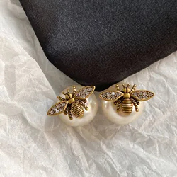 Vintage Charm Insect Bee Pearl Stud Earrings for Women Temperament Exquisite Gold Color Zircon Jewelry Party  Accessories Gift