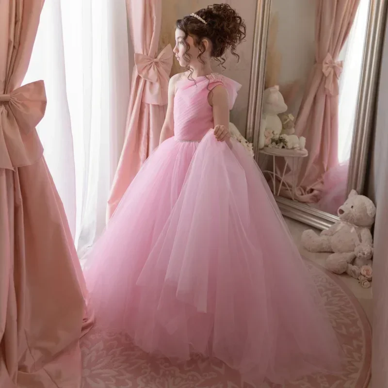 

Birthday Party Prom Banquet Princess Gowns Customized Flower Girl Dresses Pink Tulle With Belt Single Shoulder For Wedding