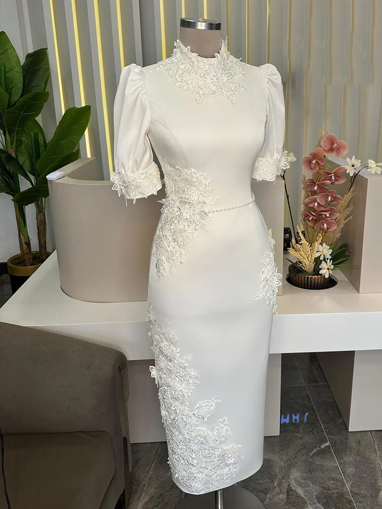 Jirocum Lace Appliqué Half Sleeve Prom Gowns Women's High Neck Pearl Evening Gown Ankle Length Wedding Formal Occasion Dress