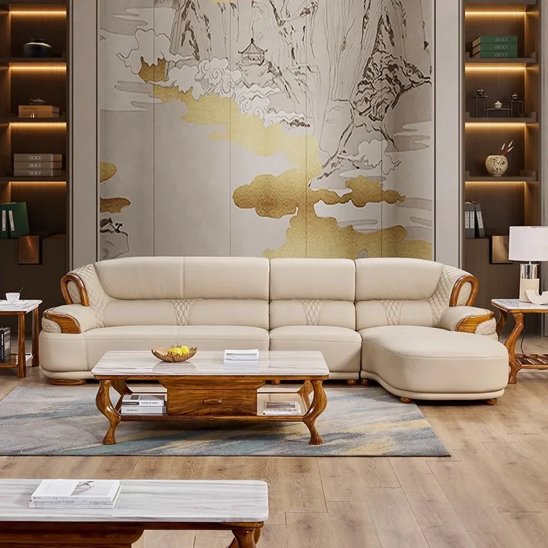 Neuer chinesischer Stil, Leder, Sofa, Kombination, komplett aus Massivholz, Luxus, Wohnzimmer