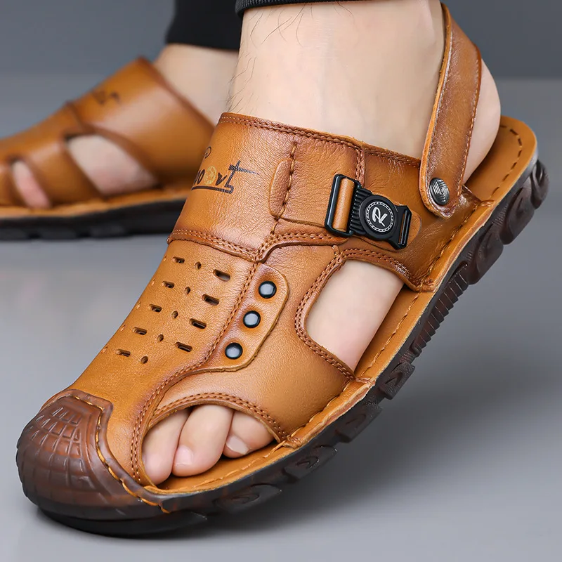 新しい夏のメンズサンダルクラシック本革サンダルファッションアウトドアハイキングシューズ軽量通気性ノンスリップスニーカー-38-44