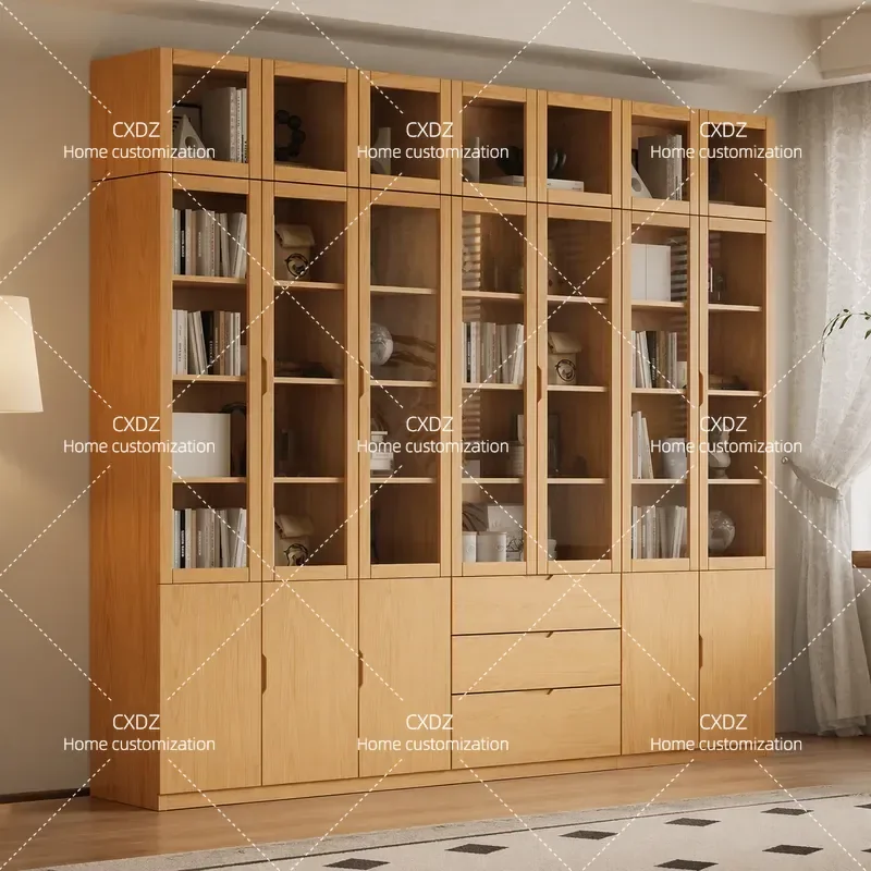 Solid Wood Living Room Bookcase Integrated Whole Wall Glass Door File Locker Study Wall Bookshelf Floor Shelf