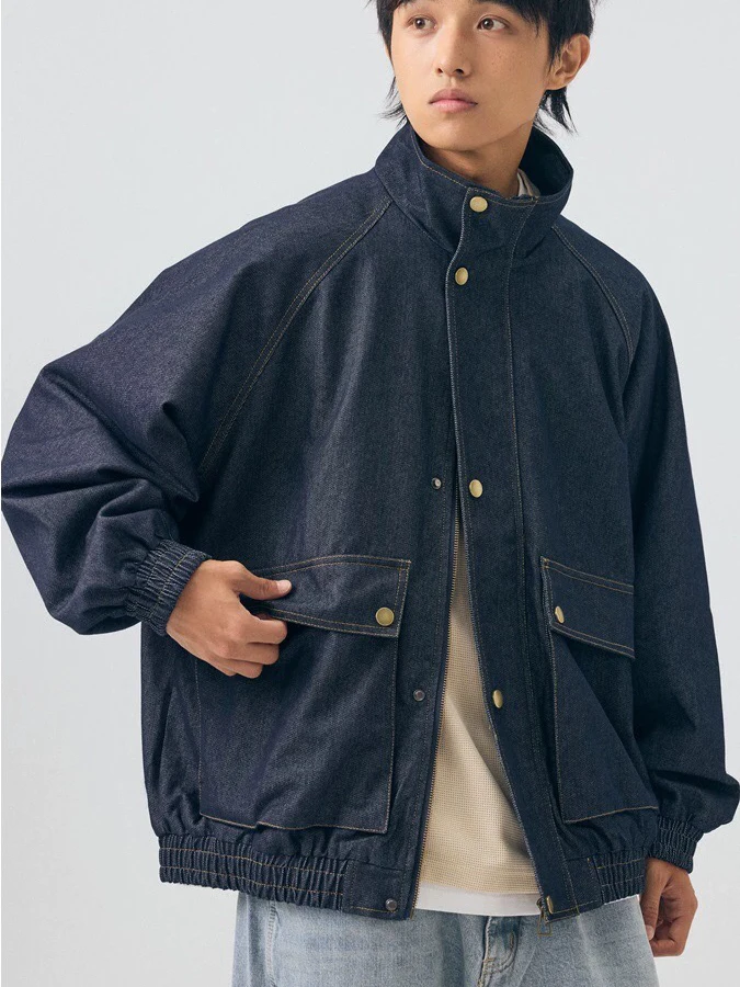 

Retro Kapital Vintage Patchwork Work Jaet Loose Casual Stand Collar Denim Coat with ket for Men Autumn Season Zipper Clo...