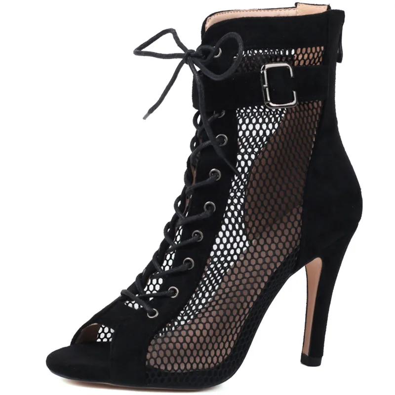 Sexy Ankle Boots For Women Shoes Lace-up Hollow Peep Toe Black Red High Heels Jazz Dance Party Shoes Female Large Size 45 44