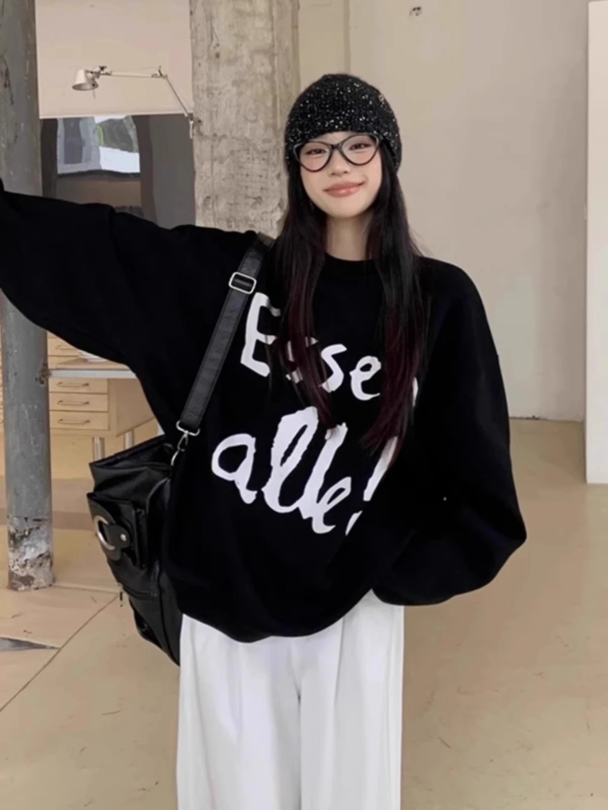 plus Size 300 Pounds American Trendy Brand Letter round Neck Sweatshirt Women's Autumn Winter Korean Style Loose Versatile Fl...