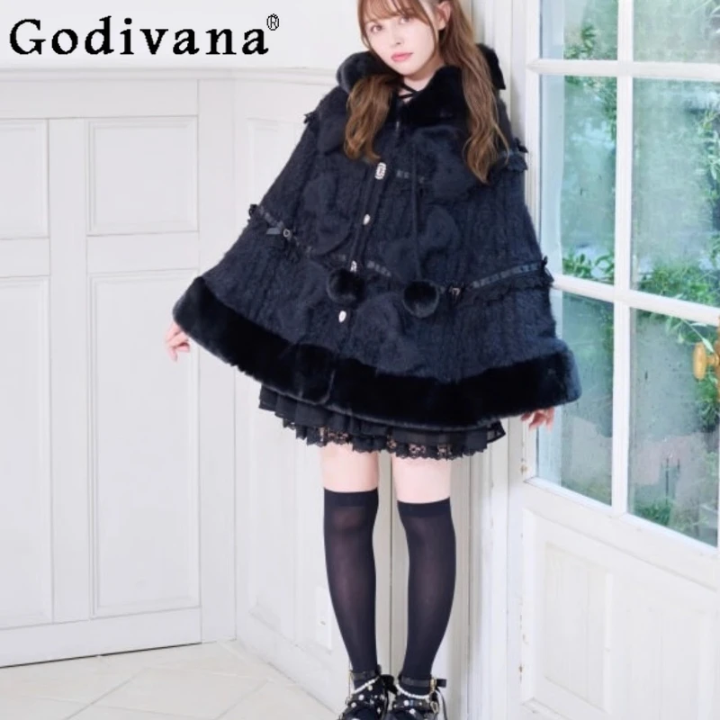 ليز كيبس العباءات 2025 جديد الفتيات النساء اليابانية الحلو لوليتا لطيف القوس الكبير لينة الدافئة متماسكة مقنعين عباءة الأميرة الشاي حفلة الرأس #1