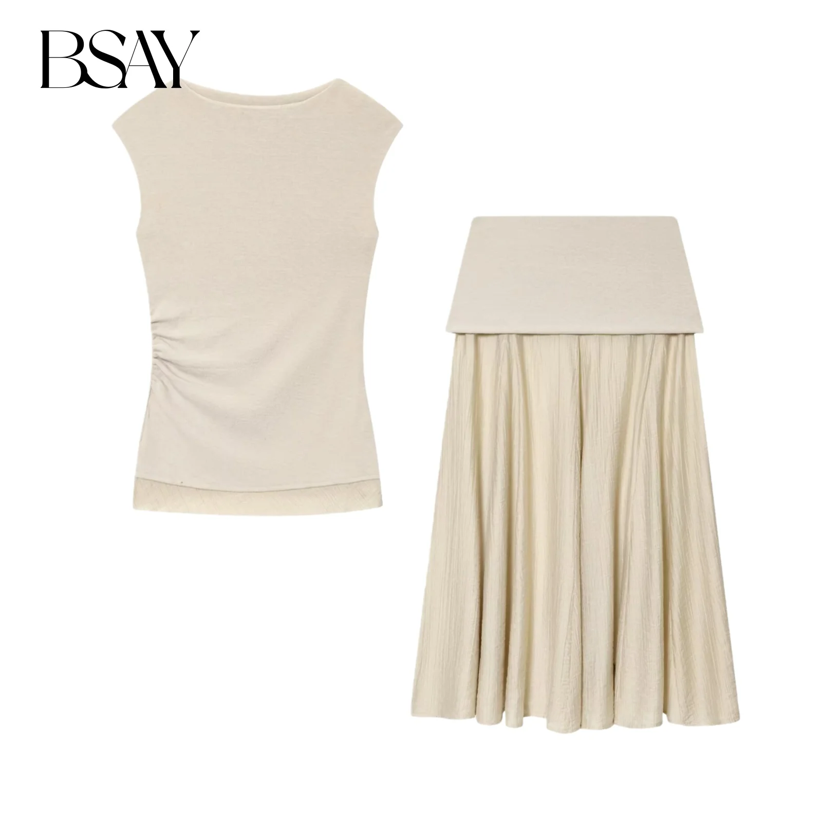 Bsay conjunto de saia 2 peças terno roupas femininas moda 2025 outono novas saias plissadas retalhos ou macio chique senhoras topos mujer