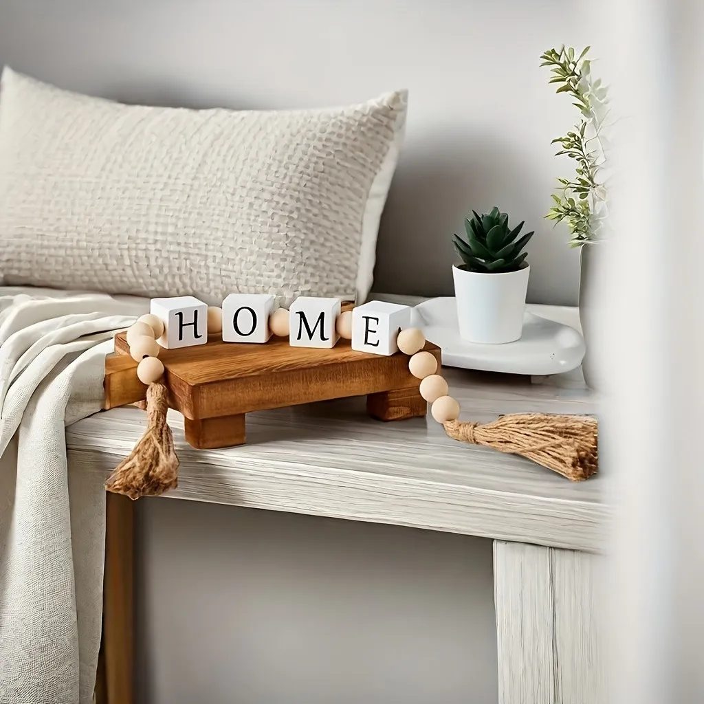 Guirlanda de Letras com Contas e Franjas em Estilo Rústico para Sala de Estar, Escritório, Mesa de Trabalho, Armário de Parede, Estante de Livros, Decoração de Janela, Decoração de Bandeja, Gravação em Madeira, Bênção Familiar