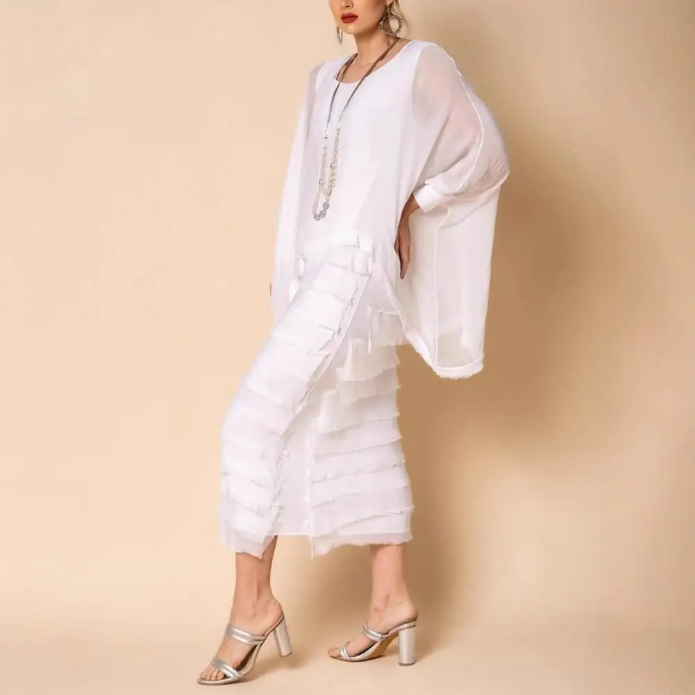 長袖シフォンドレス エレガントな二層シフォンマキシドレス 長袖ショール付き 破れた裾 レディース ソリッドカラー ラウンド