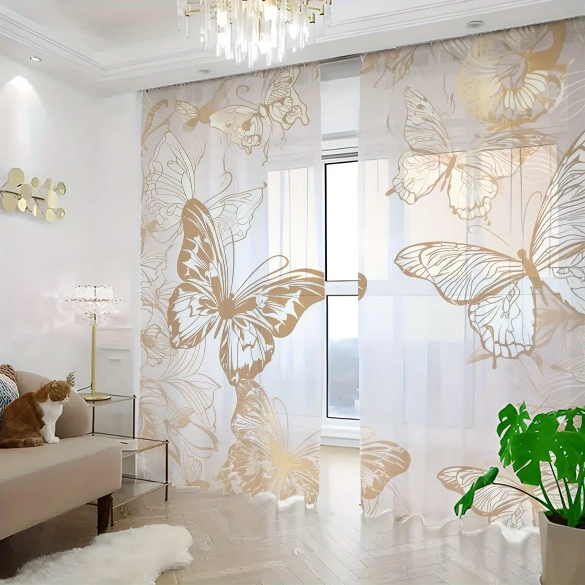 2PCS Digital Printed Sheer Curtain, Light Golden Butterfly Print, Elegant Luxe Nature for Living Room Bedroom Home Decor