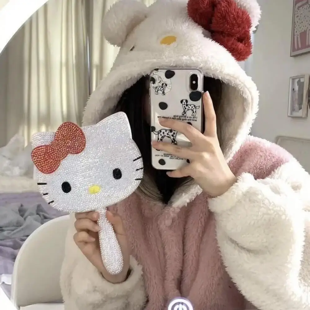 Sanrio Hello Kitty DIY Mirror Kitty Cat Handheld Diamond-studded Cosmetic Mirrors Creative Cartoon Full Drills Cosmetic Mirrors