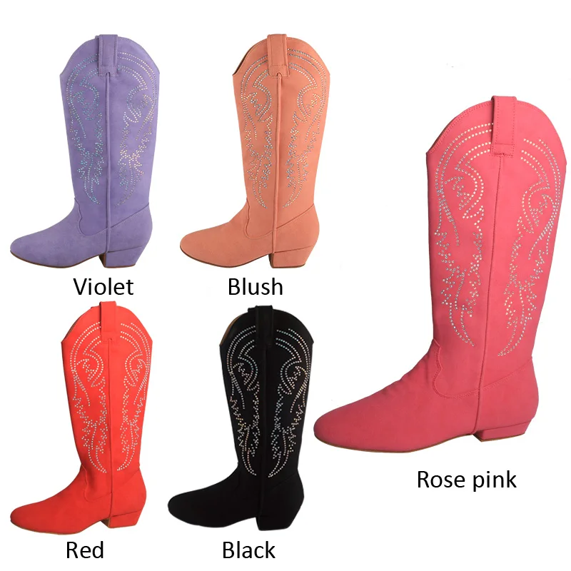 Venus lure Customized Rose Color Suede Dance Boot Women Practice Rhinestone Western Style Line Dancing Boots 2.5CM Heel