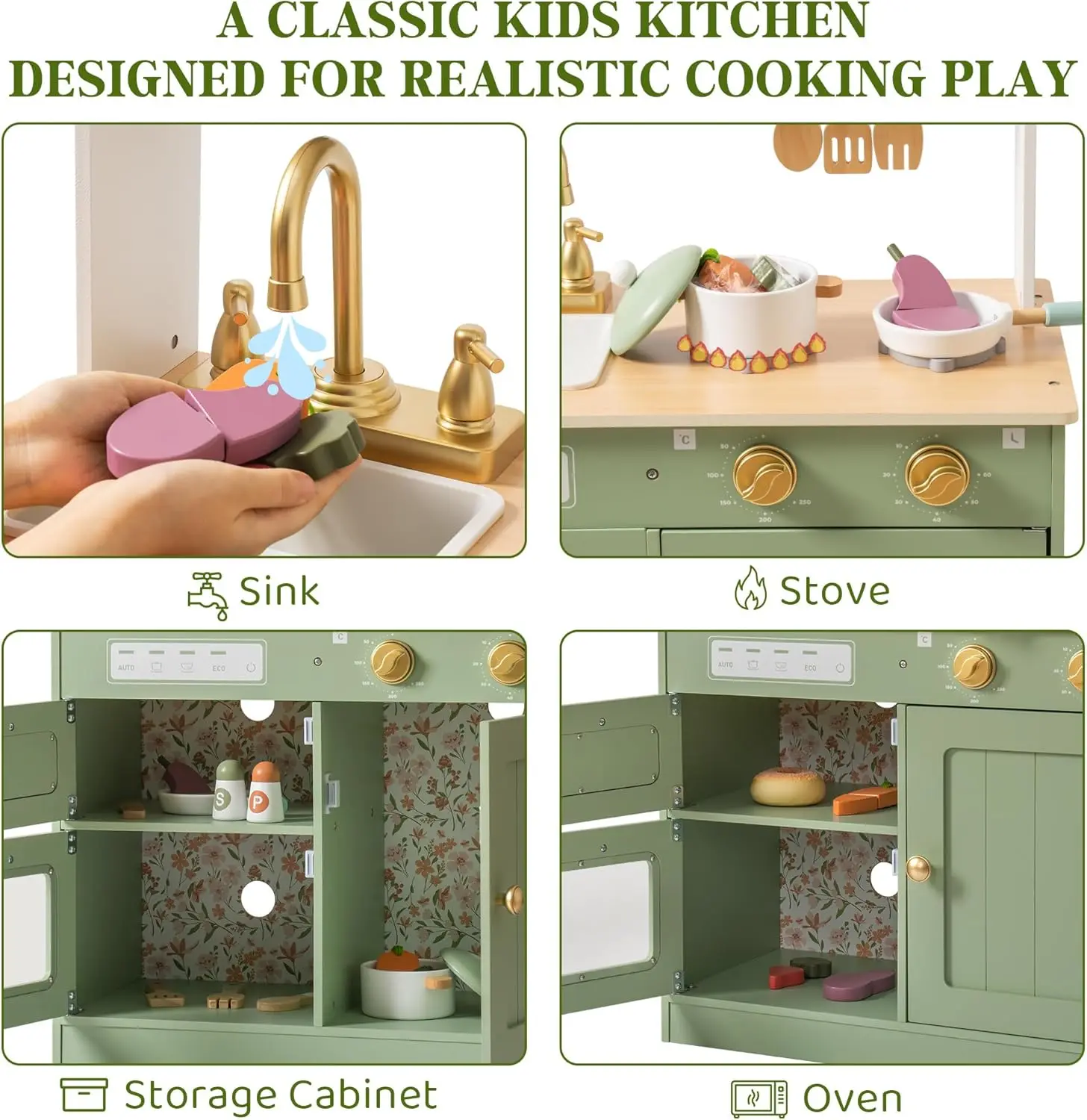 Set da cucina in legno per bambini, Set di giocattoli da cucina finta con rubinetto dorato, lavello, forno, fornello, armadio, stile Vintage, Gi