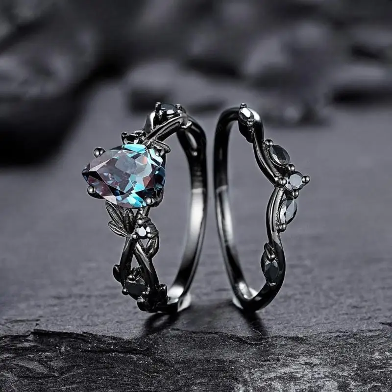 2pcs/set Luxury Black Cubic Zircon Ring Creative Vine Ring Wedding New Ladies Accessories Jewelry
