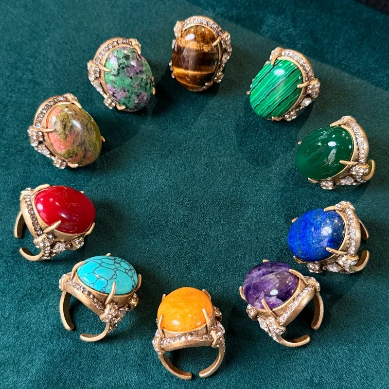 

Vintage Oval Blue Green Natural Stone Rings For Women Antique Gold Plated Opal Jewelry Luxury Designer High Quality Trends 2026
