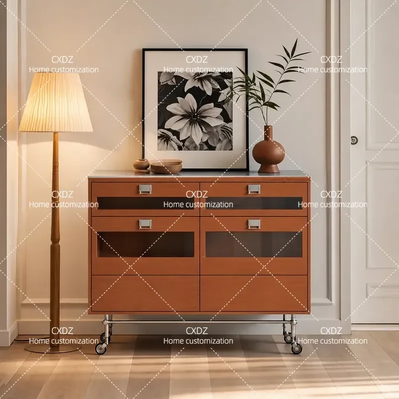 White Small Apartment Dining Side Cabinet Removable Stainless Steel Chest Multi Layer Retro Coffee Cabinet Light Luxury Tea