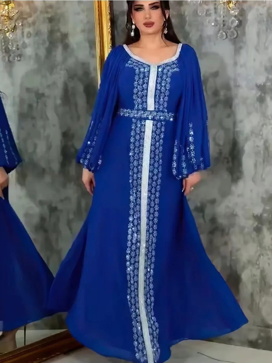 Muslim Women Party Dresses Chiffon Sequins Jalabiya Ramadan Eid Morocco Islam Sashes Vestidos Arab Long Robe Dubai Kaftan Abaya