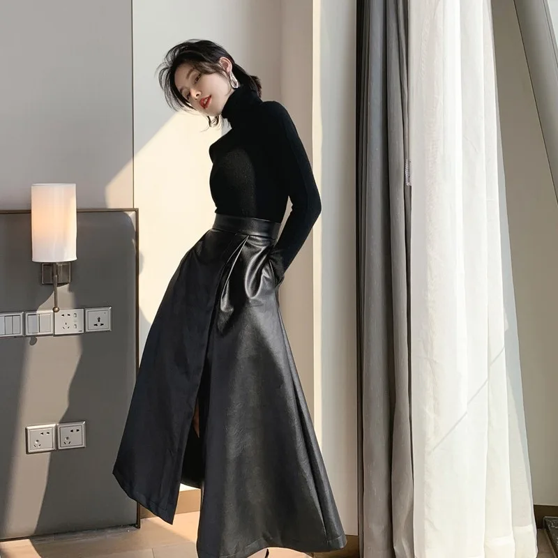 Black skirt mid-length Autumn/Winter 2024 slit high-waisted leather skirt Big swing A-line skirt