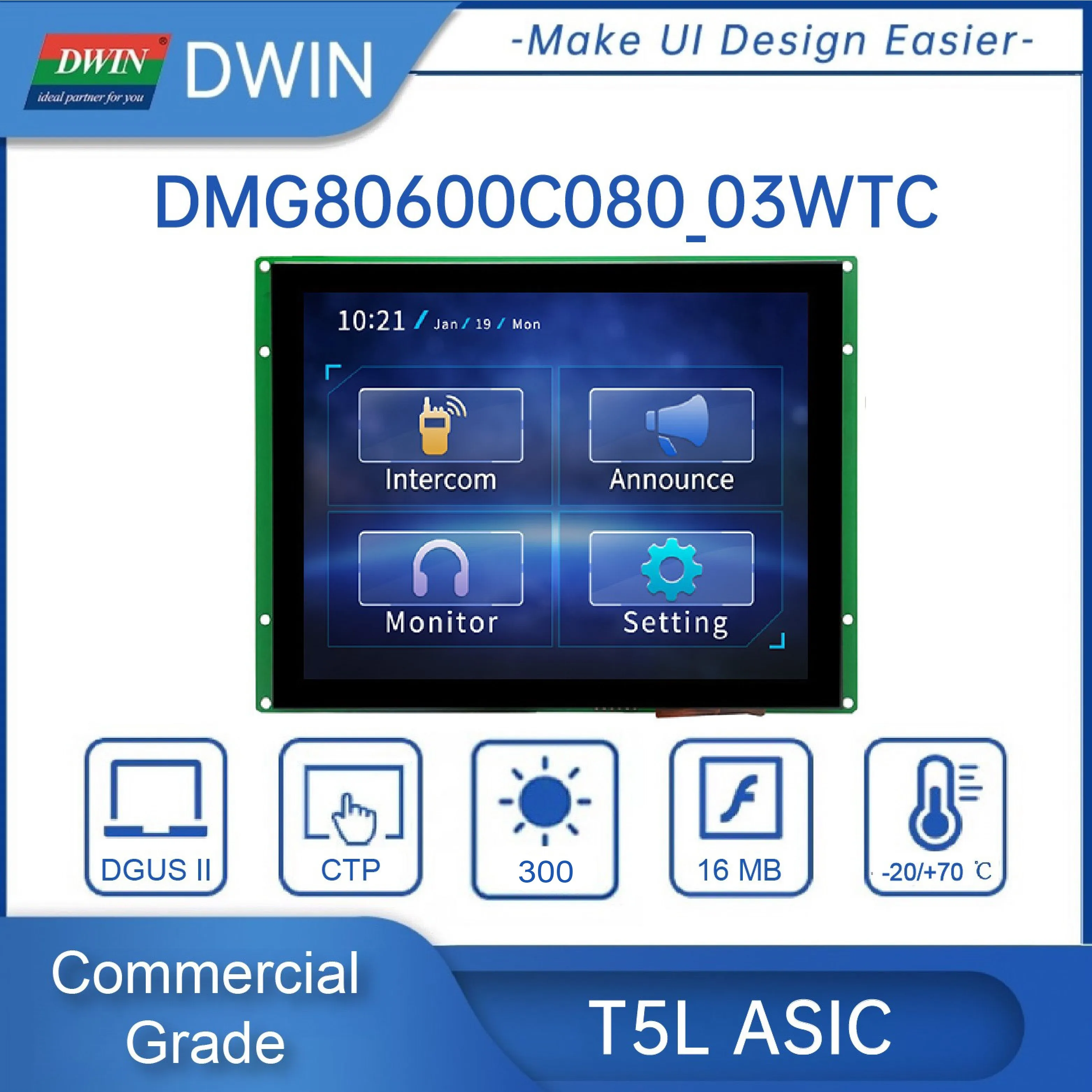DWIN 8 Inch 800x600 UART Serial Port Display RS232/TTL Interface TFT LCD Module HMI Touch Screen for Arduino DMG80600C080_03W