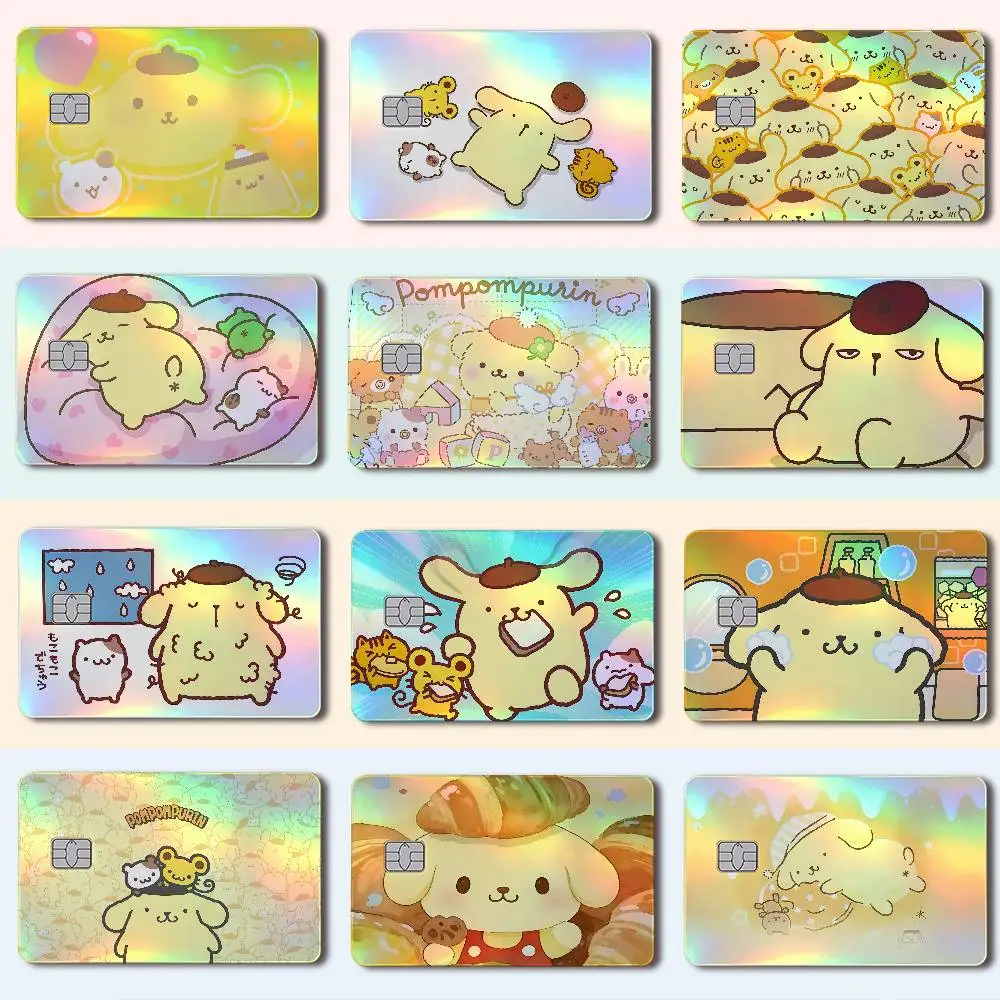 P-Pompompurin Laser Holographic Card Skin Sticker For Credit Debit Cards - 4pcs/Set Waterproof Scratch-Resistant Protector