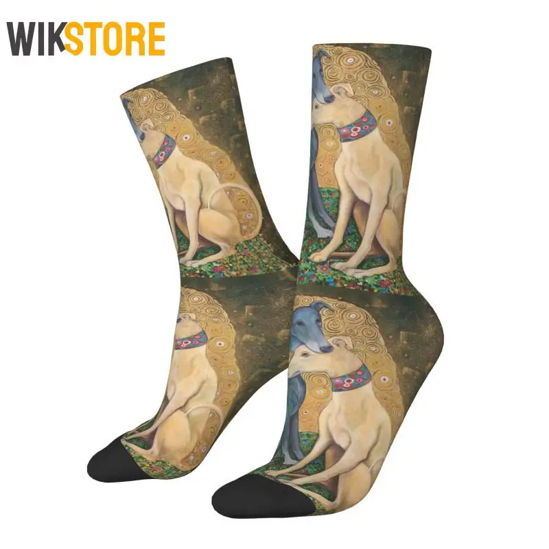 Fashion Mens Gustav Klimt Greyhound Dog Art Dress Socks Unisex Crazy Socks Whippet Sihthound Dog Breathable Crew Sock