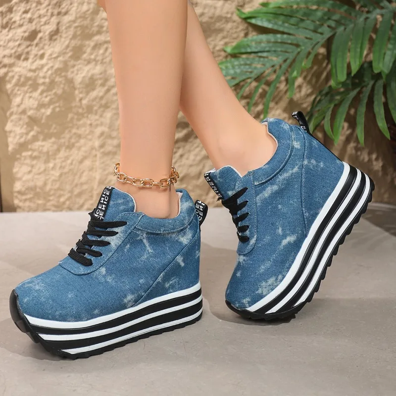 

Spring and Autumn Lace-up Inner Heightening Women's Shoes Korean Edition Platform Casual Super High Heel Sneakers