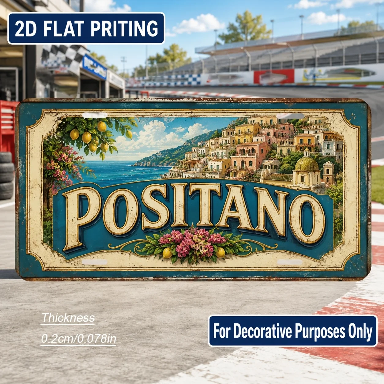 2D Flat, [2D Flat] 1pc Italian Positano-Themed Vintage Wall Sign - Rectangular Plaque Suitable for Home Decor, Italian Coastal D