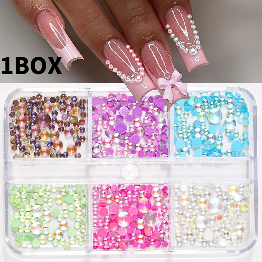 SANANIE 6 Grids 3D Mixed Colorful Transparent Love Heart Nail Art Charms Trendy Flat Back Round Manicure DIY Accessories Crafts