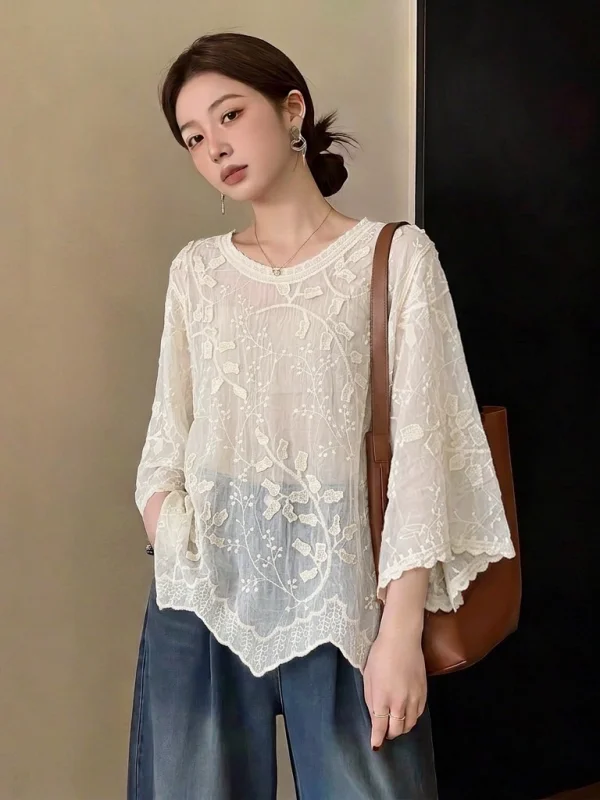 

Bohemian Style Embroidered Lace Shirt Women's plus Size Summer New Fashion Irregular Top for Plump MM Beautiful Commute Wind