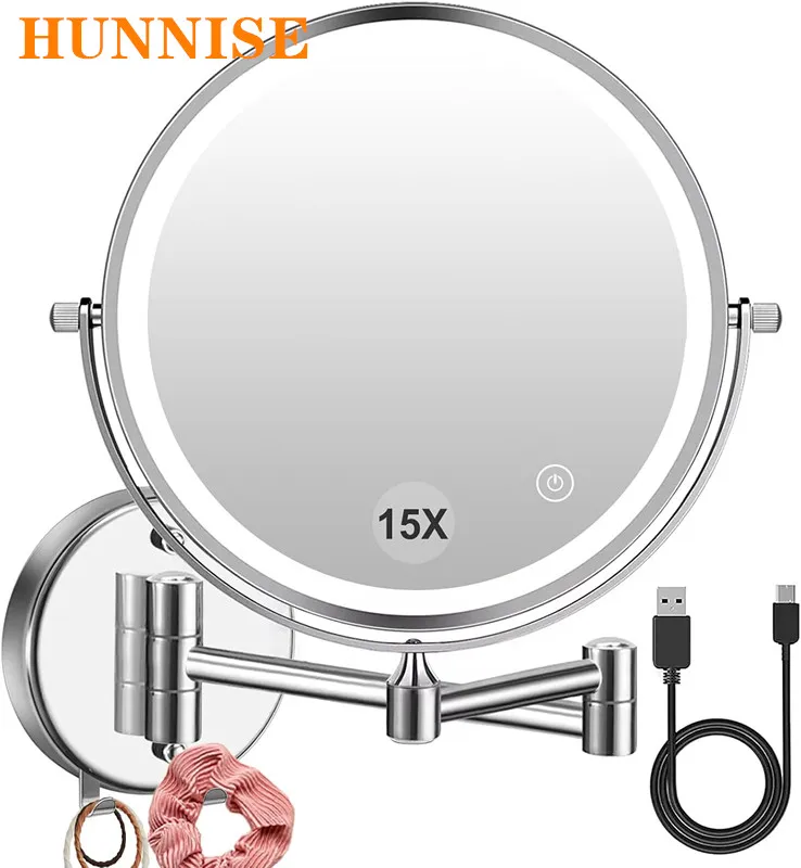 Touch Led Folding Bathroom Mirrors Wall Mounted Bathroom Accessories 5X Magnifying Makeup Mirror Double Face Led Bath Mirrors
