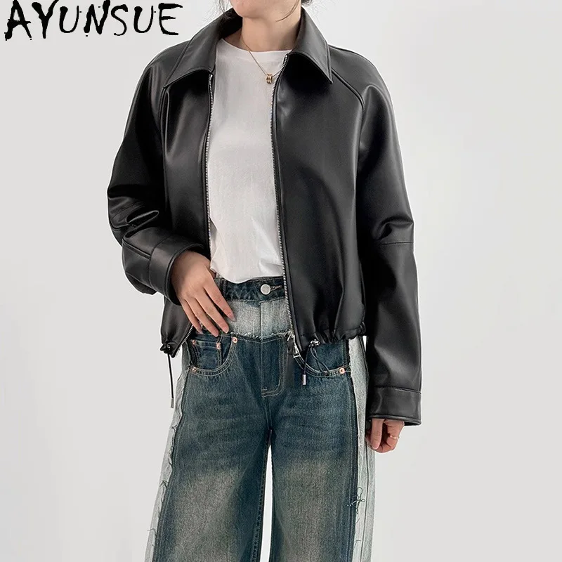 AYUNSUE ของแท้หนังแจ็คเก็ตผู้หญิงหนังแกะธรรมชาติสตรีรถจักรยานยนต์แจ็คเก็ตฤดูใบไม้ผลิฤดูใบไม้ร่วงเสื้อผ้าหลวม Fitха