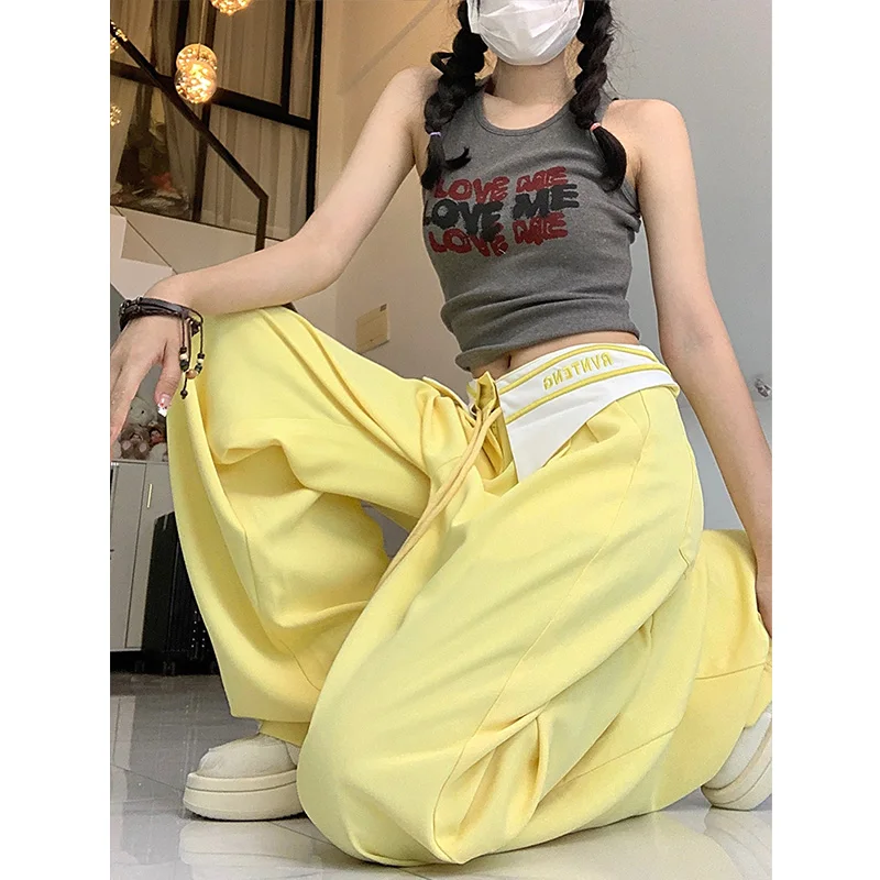 Women\'s pants Patchwork Wide Leg Pants Women Black Contrast Casual High Waist Pants Spring Summer 2023 y2k Trouser Office Ladies