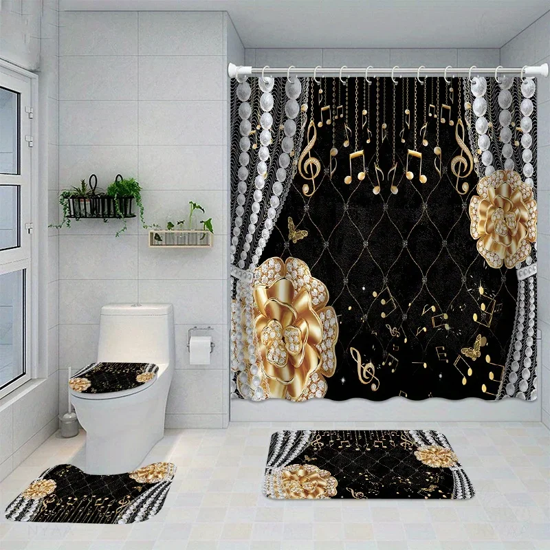 

4pcs Pearl Golden Floral Printed Shower Curtain Set, Decorative Bathroom Set Including Waterproof Shower Curtain With Hooks, N