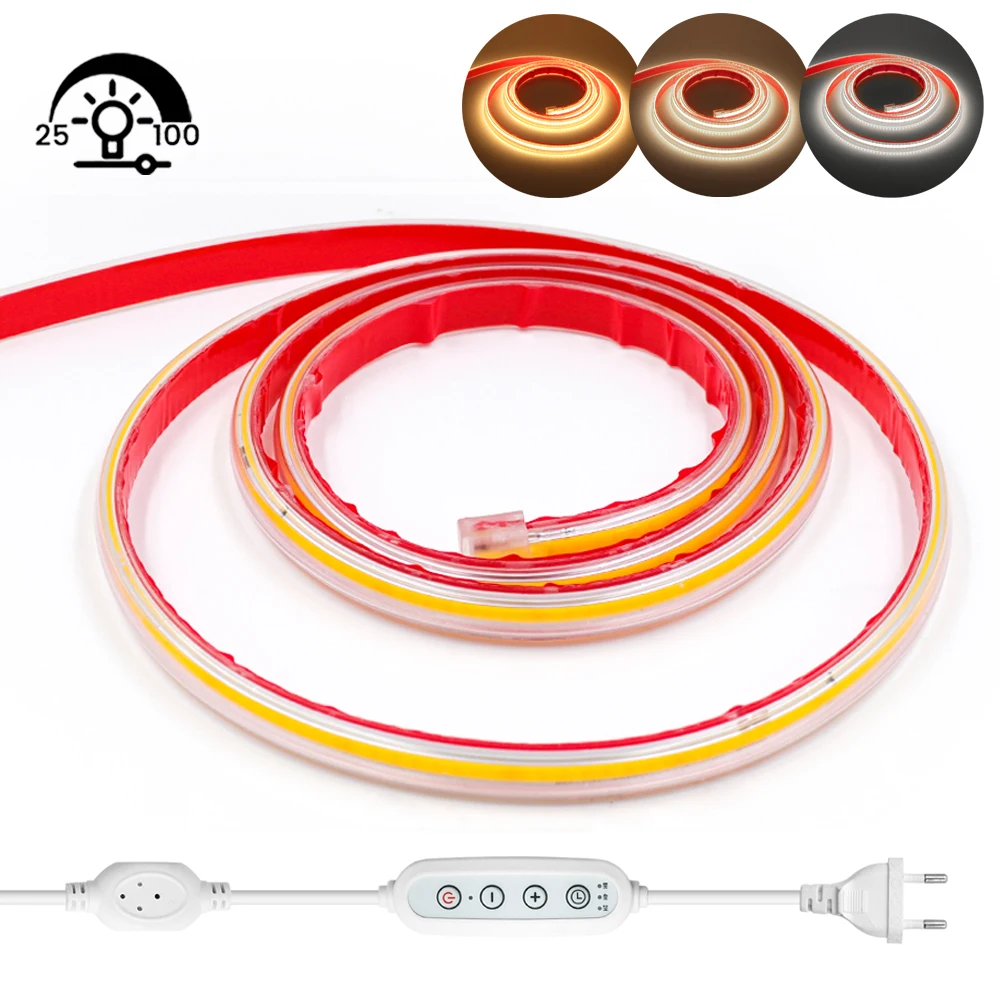 

Светодиодная лента COB 220 В с диммером/таймером, 288 светодиодов/м, гибкая лента, водонепроницаемая уличная лампа, самоклеящаяся лампа для кухни, комнаты, сада