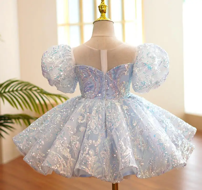 Vestido esponjoso con diseño de lentejuelas azules para niña, vestido de baile de princesa para actuación de Piano, Anfitrión para primer cumpleaños, g34