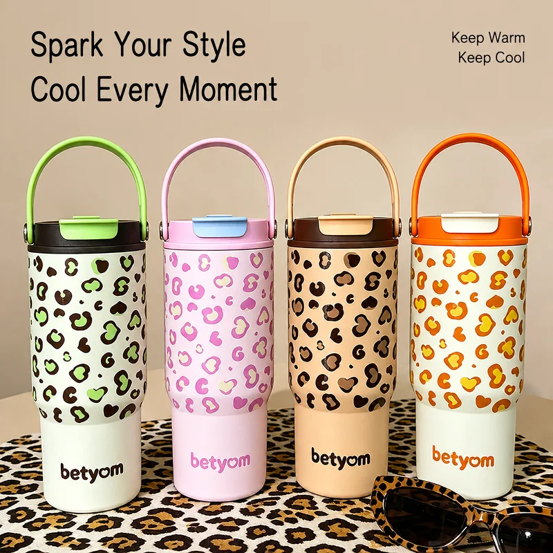 Leopard Coffee Mug 316 Stainless Steel Ceramic Inner  Insulated Tumbler Portable Leakproof Water Cup for Women Commute Daily Use