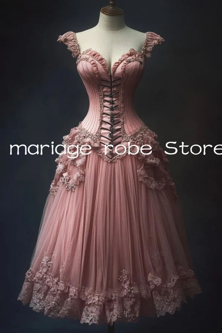 

Pale pink Tea-length Victorian Prom Dresses Bustle Corset Lace-up Civil War Afternoon Walk Tea Evening Gown Customsized