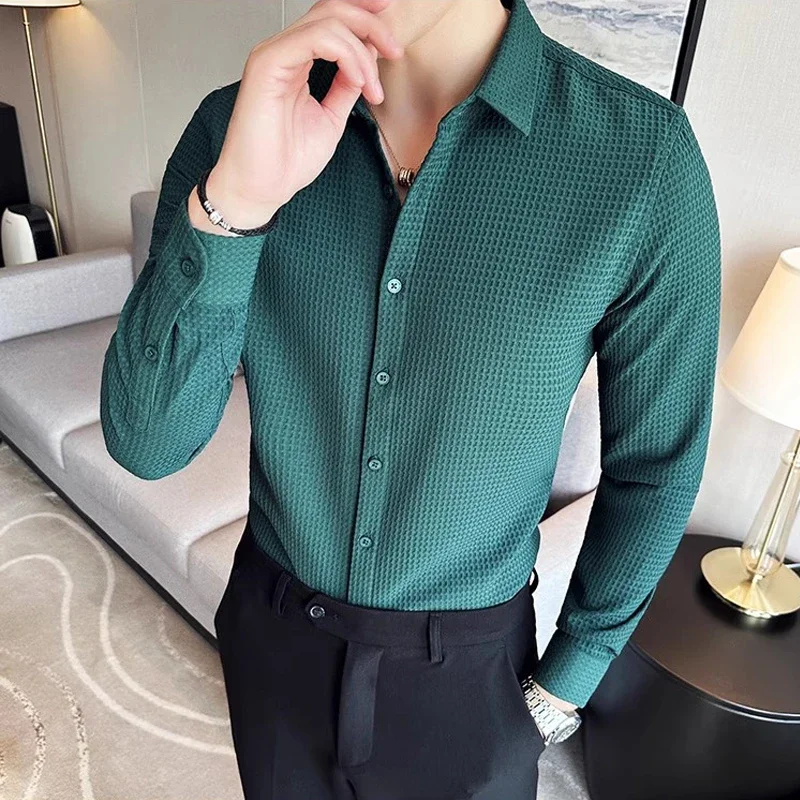 Autumn Solid Color Business Formal Long Sleeve Tuxedo Shirt Men Top Quality Plaid Embossed Slim Fit Mens Dress Shirts Blouses