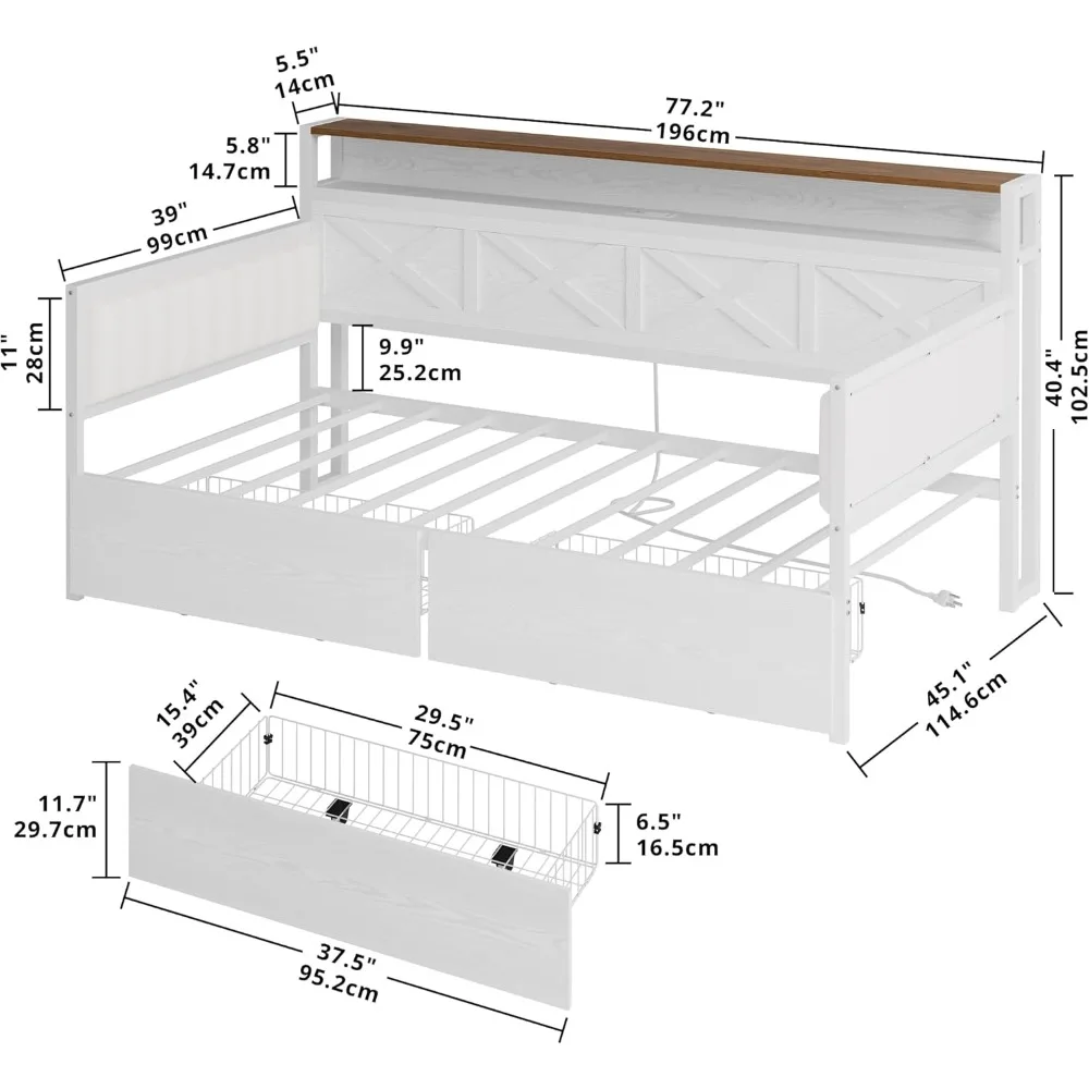 IRONCK Lit de repos double avec tiroirs de rangement, cadre de lit en métal robuste avec tête de lit en forme de X et station de recharge, rembourré F