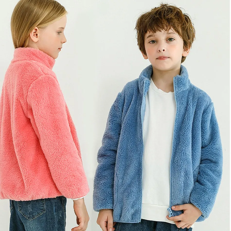 Kids Clothes Boy Girl Candy Color Spring Autumn Jacket Unisex Zipper Fur Tops Children Pocket Fleece Outerwear Outdoor Coat 2023